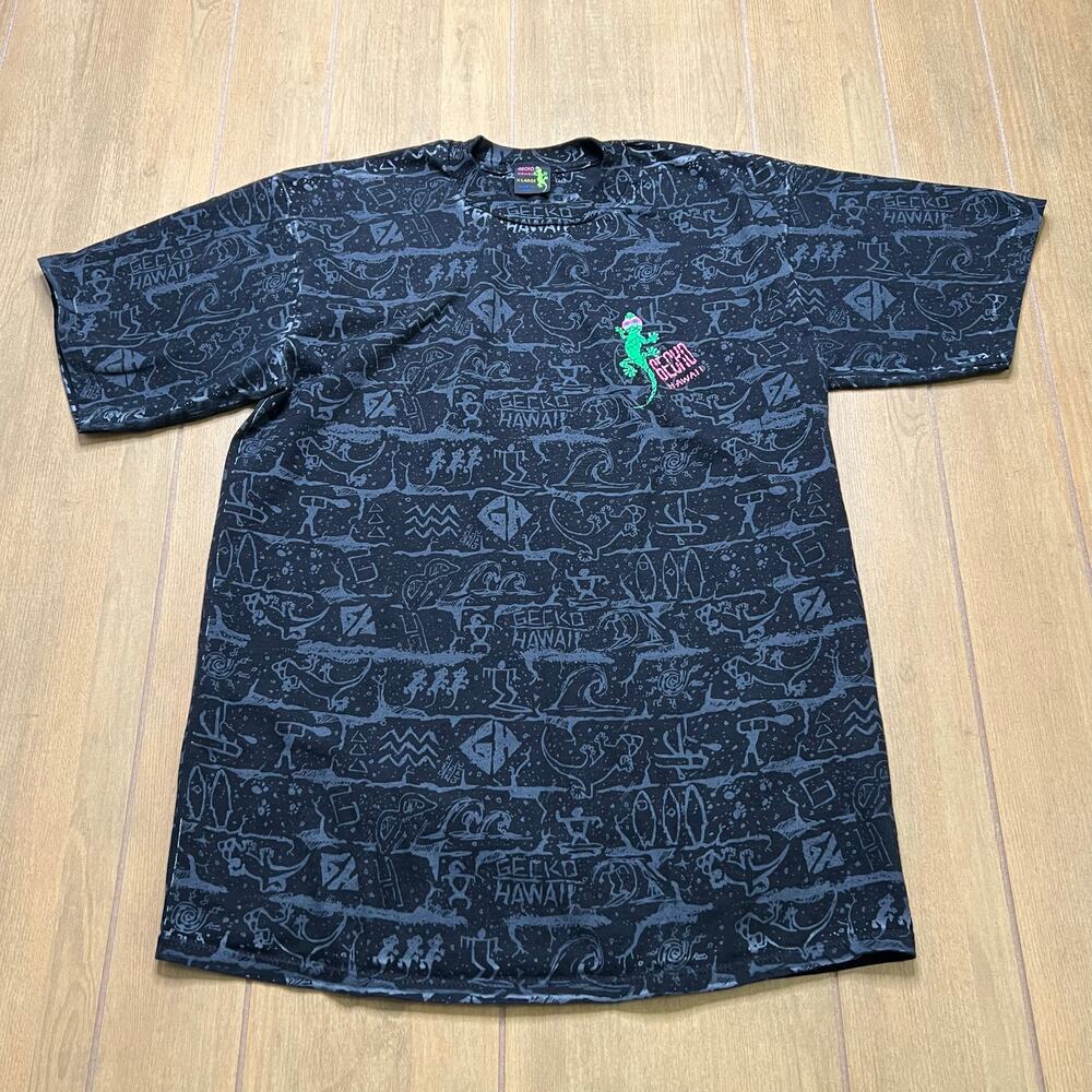 Vintage 80s 90s GECKO HAWAII T-Shirt‎ Black All Over Print Retro Tee XL USA made